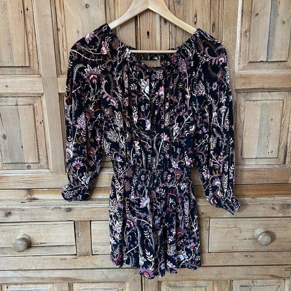 Free People XS Romper Shorts Black Pink Floral Open Back‎ Off the Shoulder